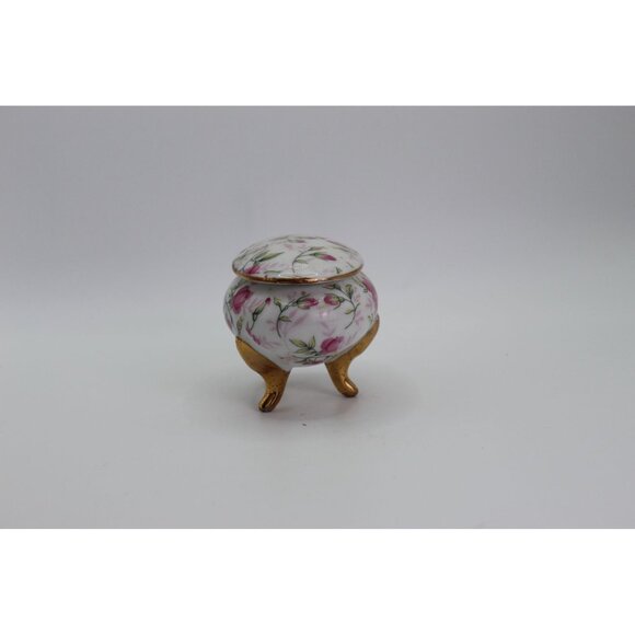 Vintage Floral Porcelain Footed Trinket Box With Lid & Gold Accents - Picture 4 of 9